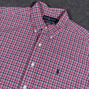 Ralph Lauren Button Down Shirt Mens L Blue Plaid Classic Fit Short Sleeve Pony